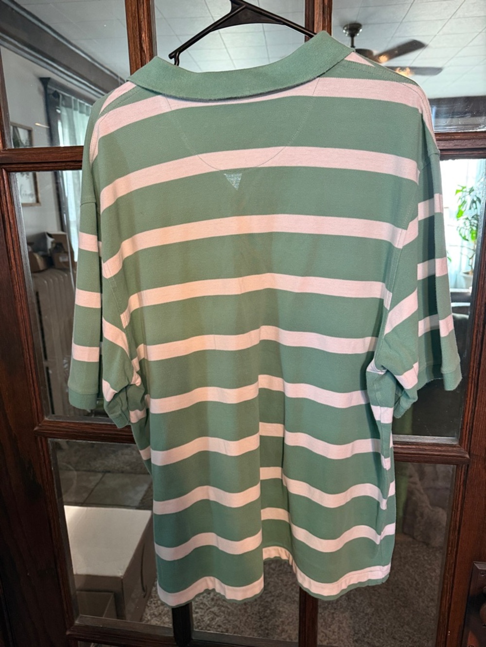 Basic Editions Mens XL Polo Shirt Green White Striped Short Sleeve Cotton Pique - Picture 3 of 3